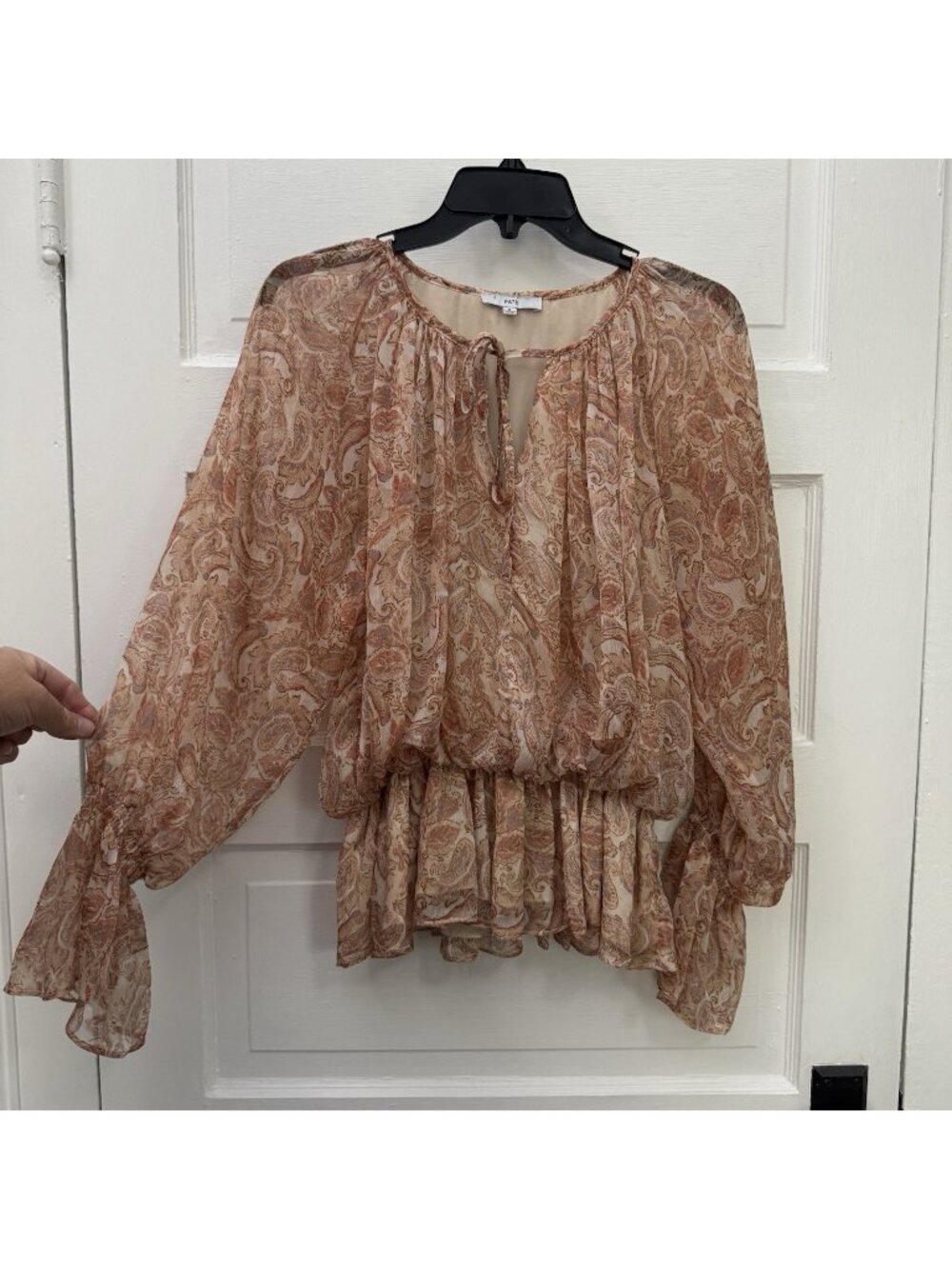 FATE Womens S Tan Paisley Peplum Blouse Sheer Bell Sleeve Tie Neck